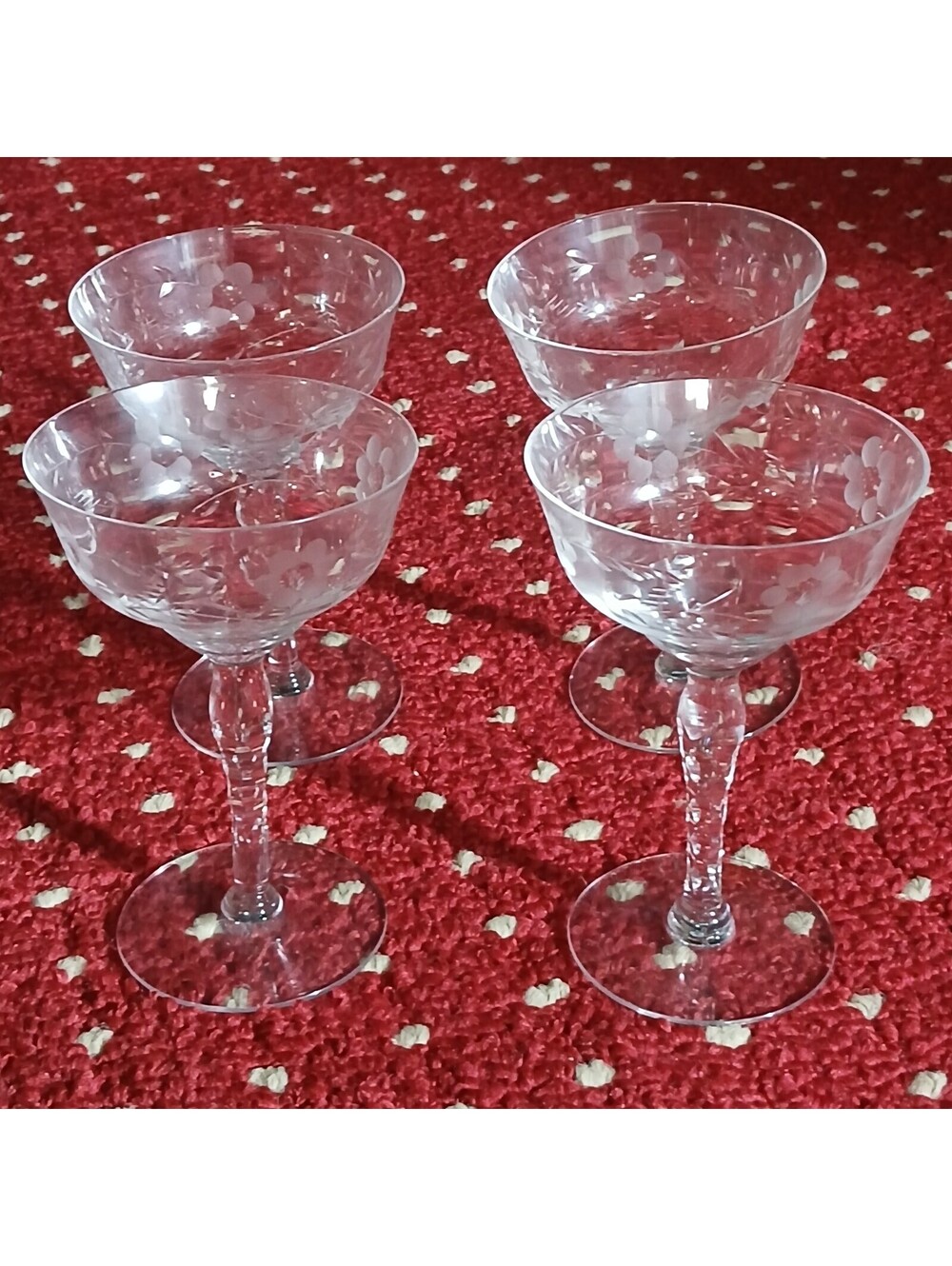 VINTAGE SET OF 3( THREE) ETCHED CHAMPAGNE/COCKTAIL GLASSES, one broke, 3 total